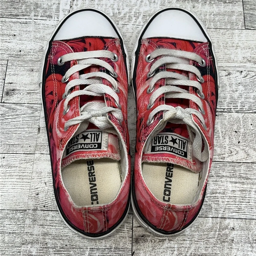 Converse All Star Youth Size 2 Roses‎ Pink White & Black Floral Canvas Lace Ups